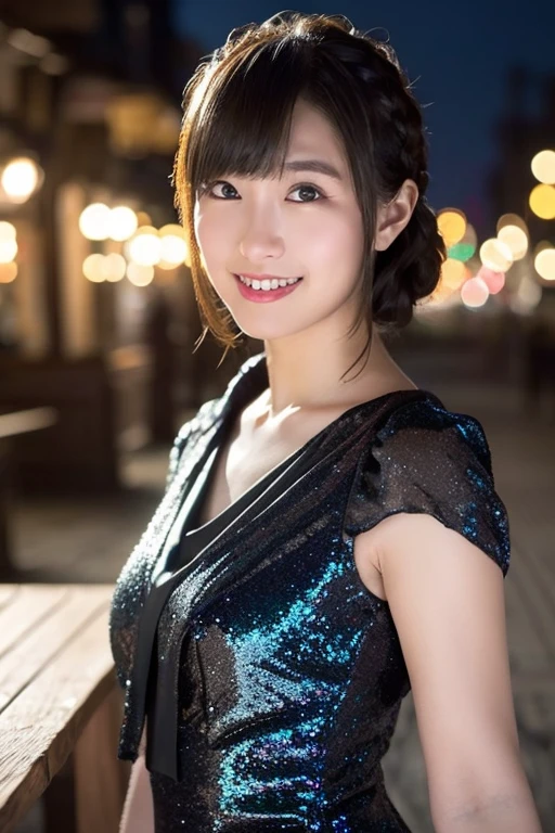 (a beautiful woman, age 33, Tokyo Tower, wearing a thin purple dress, White daisy hair accessories, short disheveled hair, super definition face, fine eyes with double eyelids, dimpled kind smile, beautiful lips, fair skin, super cute and soft face, brown hair, soft toned body, ample round bosom, 8k resolution, super realistic, super definition, highest definition, masterpiece, night bokeh_background, SFW)