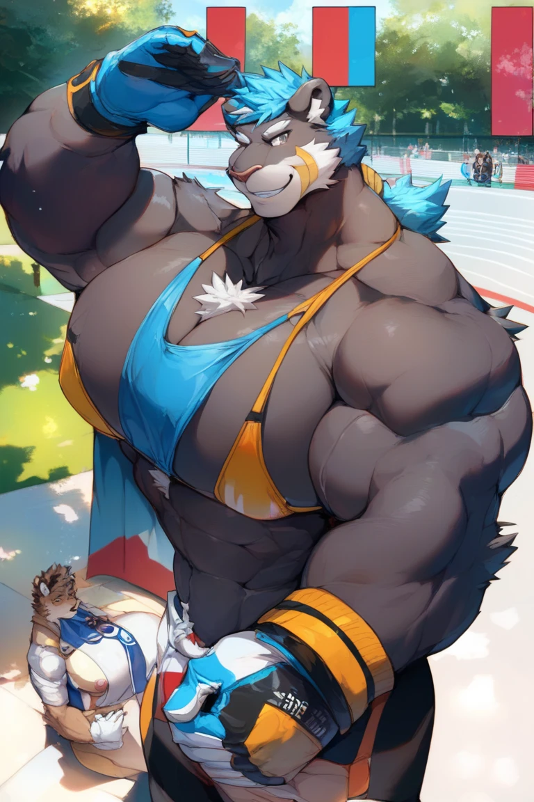 tmasterpiece,Best quality,Detailed background nj5 furry，rays of sunshine, Alone,solofocus，male people,malefocus,human character,Tigre,(sport:1.5), (Blue fur,,Black eyebrows:1.5),Elaborate Eyes,詳細な目,agate eyes,,5 fingers, Wear only shorts yaoi,Strong body，Majesty，Revealing eight-pack abs and two thick chest muscles，