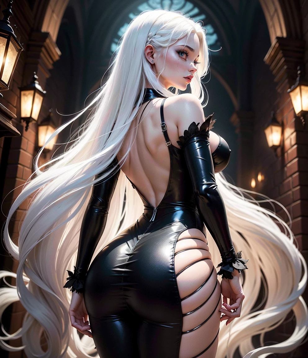 FS, an albino girl with perfect 10 features and long black Rapunzel-like hair, stands in a picturesque Avatar-like scene. Her body is graceful with a petite bust and slender legs. The girl looks stunning in a sheer organza dress with intricate designs. Her high-heeled shoes are elegant with golden patterns. The sunlight creates a subtle silhouette around her contours from the back, while soft and filling light illuminates her from the front. This scene has photorealistic qualities and is a concept art that creates a wow effect of:2. It can be found on the website 500px with hyper-superior details of:2. --auto --s2