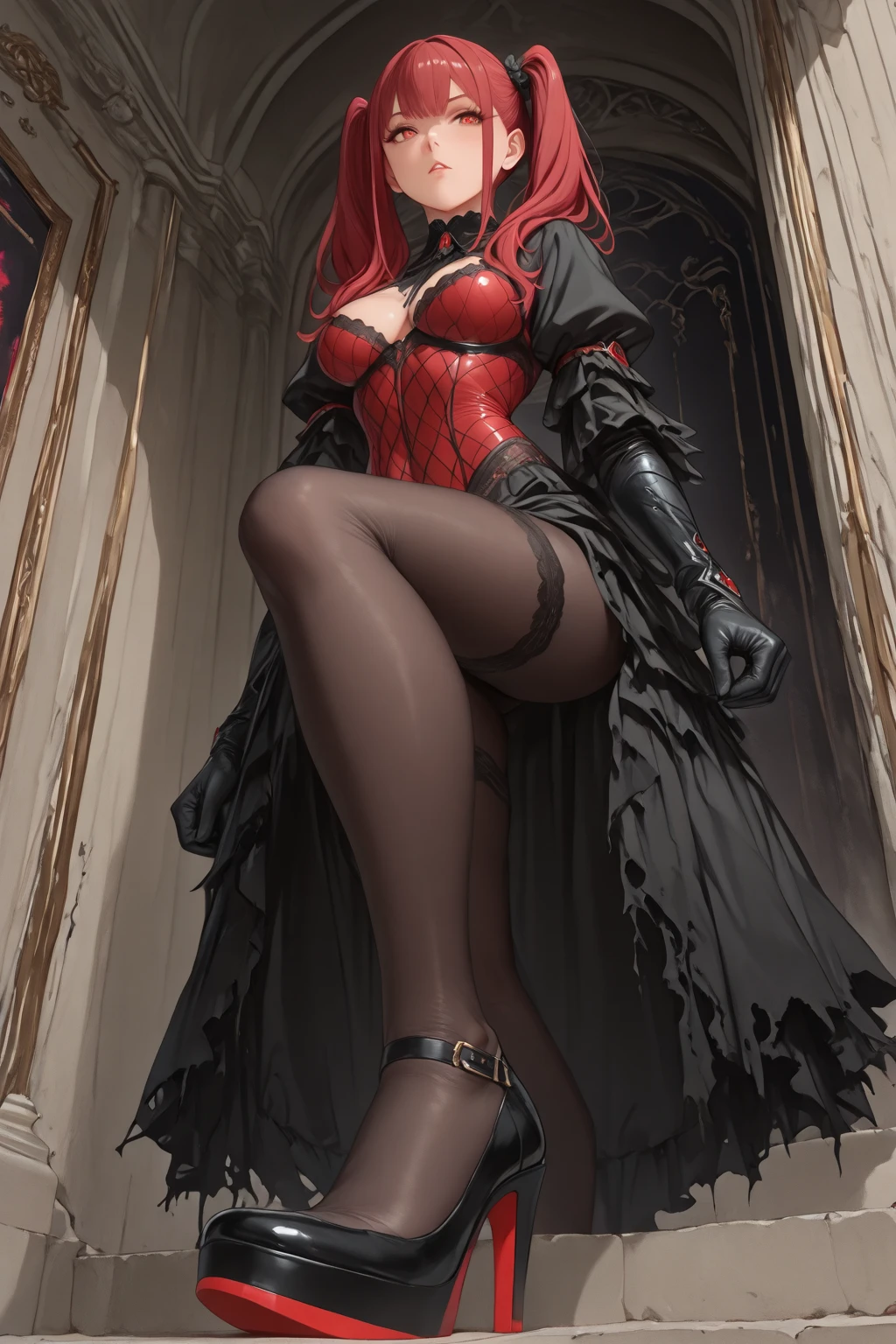 score_9, score_8_UP, score_7_UP, woman, sorceress, ultra detailed face, makeup, see through, black dress, sitting on the stairs of an abandoned castle, legs apart, high heels, long black sleeve, black garter belt, black fur on shoulders,