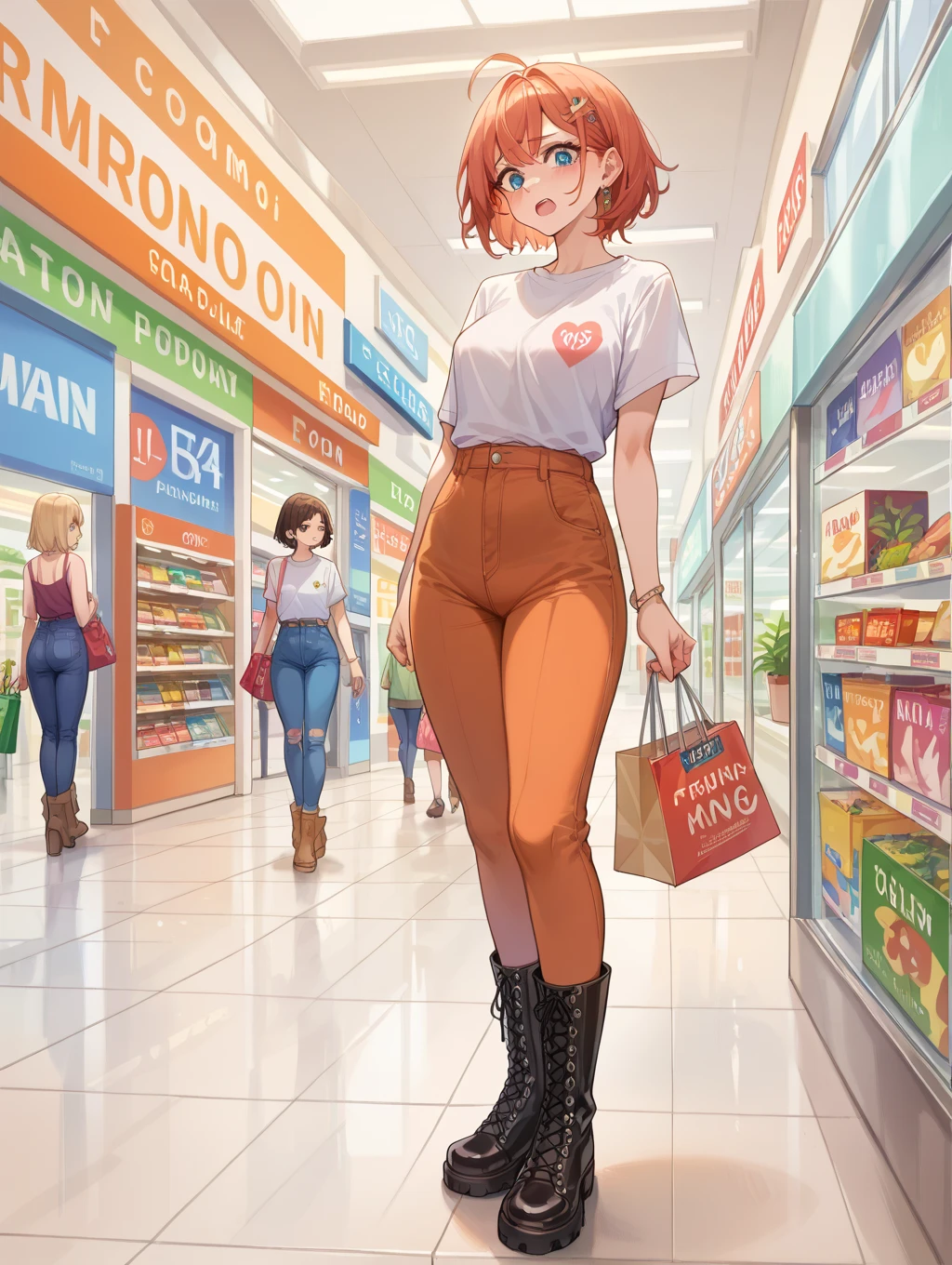 1 woman, wavy orange hair, green eyes , sly face , glasses , white tank top , black panties , abdomen, big breasts , Long legs , Put your hands on your hips. , canvas shoes , convenience store