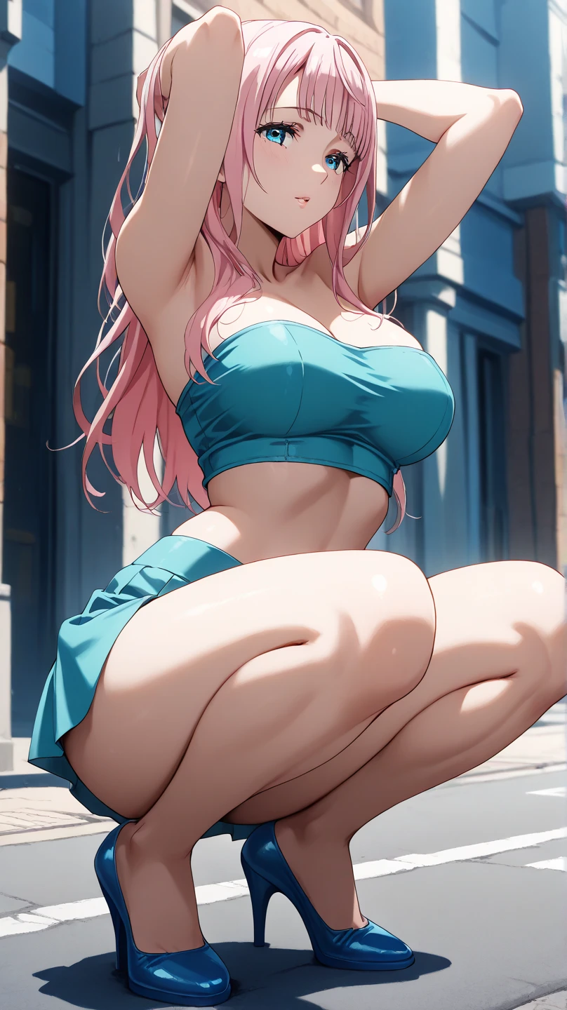 (((masterpiece))), (((best quality))), ((ultra-detailed)), (illustration), ((an extremely delicate and beautiful)), ((super detail)), ((high resolution)), (((20 years old))), ((metallic cloth)), (cheerleader), (super heroine), (android), delicate metal decorations, gleaming skin, shiny body, two legs, breast focus, (((tall))), slender legs, ((big round eyes)), cute eyes, drooping eyes, ((adult)), two hands, five fingers, no extra hands, elegant smile, braid, ((metallic blue)), (see-through), (dark pink hair), (((ultra-huge breasts))), (shining brightly), outdoor, mini skirt, daytime, ((biopunk)), (hair shorter than shoulder), (medium length hair), gynoid, (metallic shining competition bikini), city, ((midriff-baring outfit)), (spread legs), (arms behind head), camel toe, sit with legs stretched out, nsfw, ((((female masturbation)))),