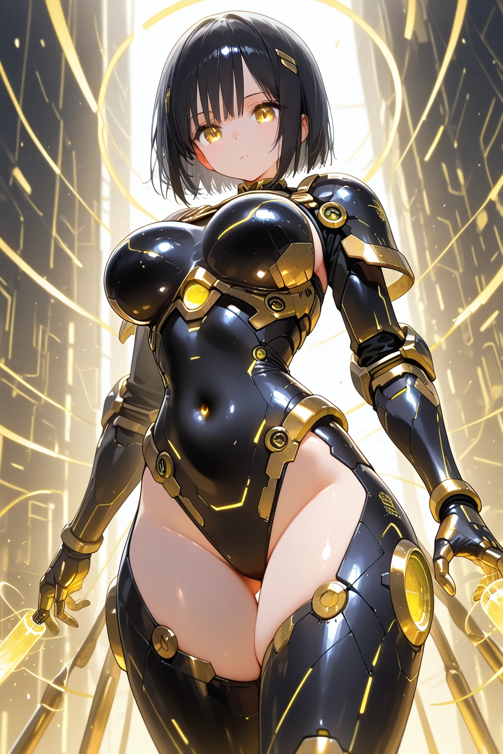 anime style, 2d, anime screencap, 1girl, black hair, very short hair, futuristic, science-fiction, smile, black bodysuit, bodysuit, gauntlet, large breasts, big breasts, breasts, wide hips, thick thighs, pantyhose, yellow eyes, smile, tech, thighhighs, hair ornament, ornament, light smile, headphones, headset, machinery