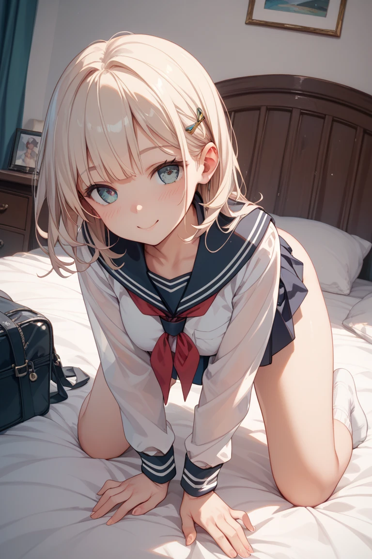 1girl,solo,hair_ornament,on_stomach,lying,blonde_hair,looking_at_viewer,hairclip,serafuku,parted_lips,socks,sailor_collar,long_sleeves,white_socks,bed,long_hair,pillow,shirt,white_shirt,orange_eyes,on_bed,parted_bangs,indoors,no_shoes,bangs,black_sailor_collar,blurry,depth_of_field,blue_neckerchief,reaching_towards_viewer