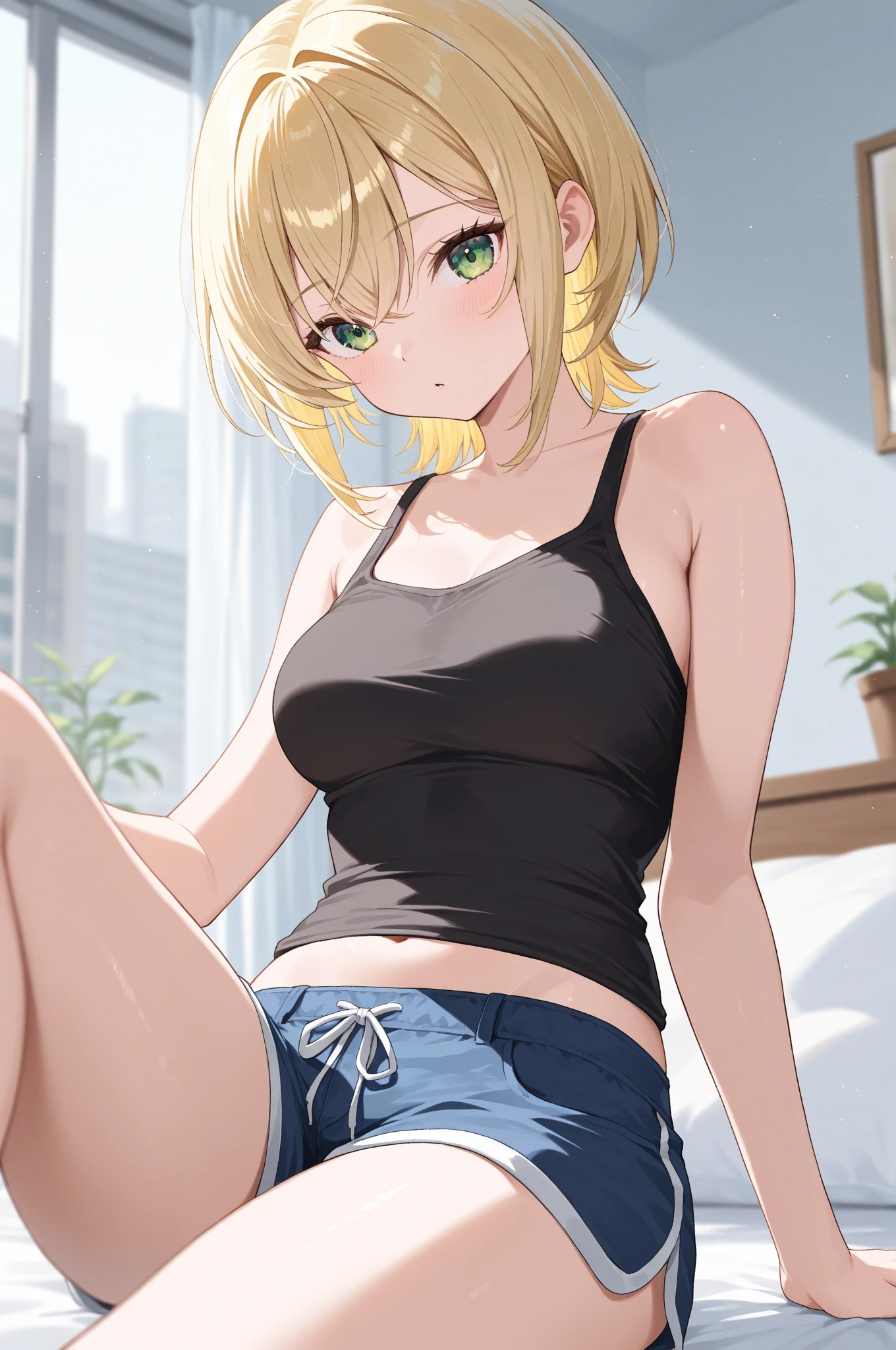 (ultra-detailed CG illustration) ,A beautiful teenage girl with ,（Light brown eyes) ,(Blonde semi-long) ,（a necklace）,（Smile a little）, (Emerald green tank top) ,a navel,（Medium) ,(Perfect body) , ( grey panties),（Seated Pose）,（opening legs widely）,（Mansuji）,（dress room）,（ protrusion 1.3）