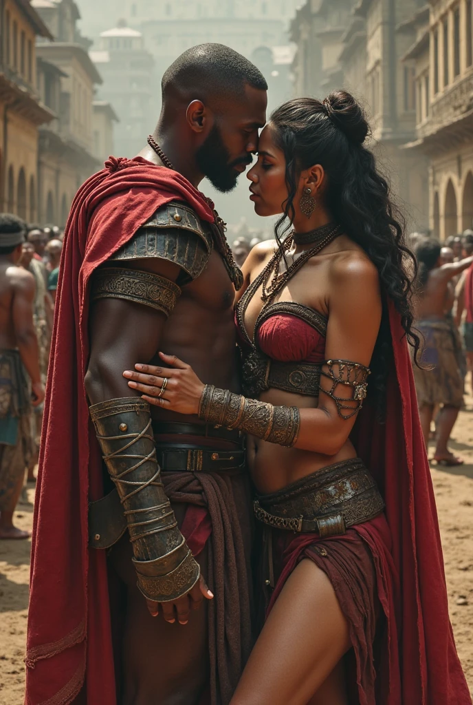 Create an illustration of a king in his 50s, shirtless., being affectionate with the queen