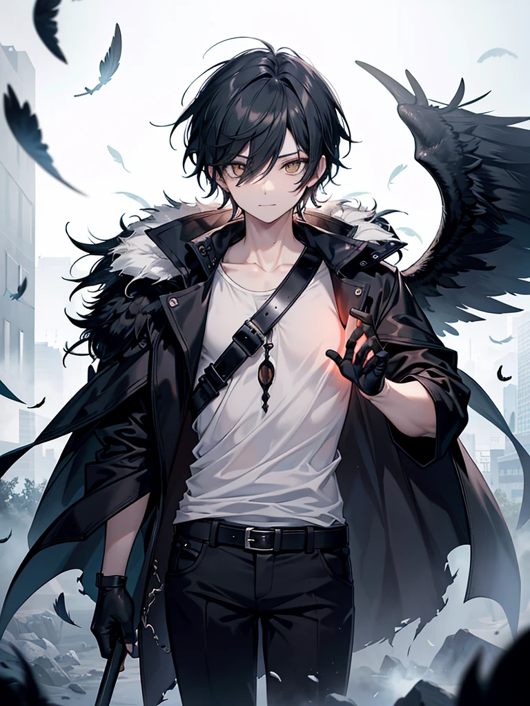 Crow made of smoke, coming out of a man's forearm.