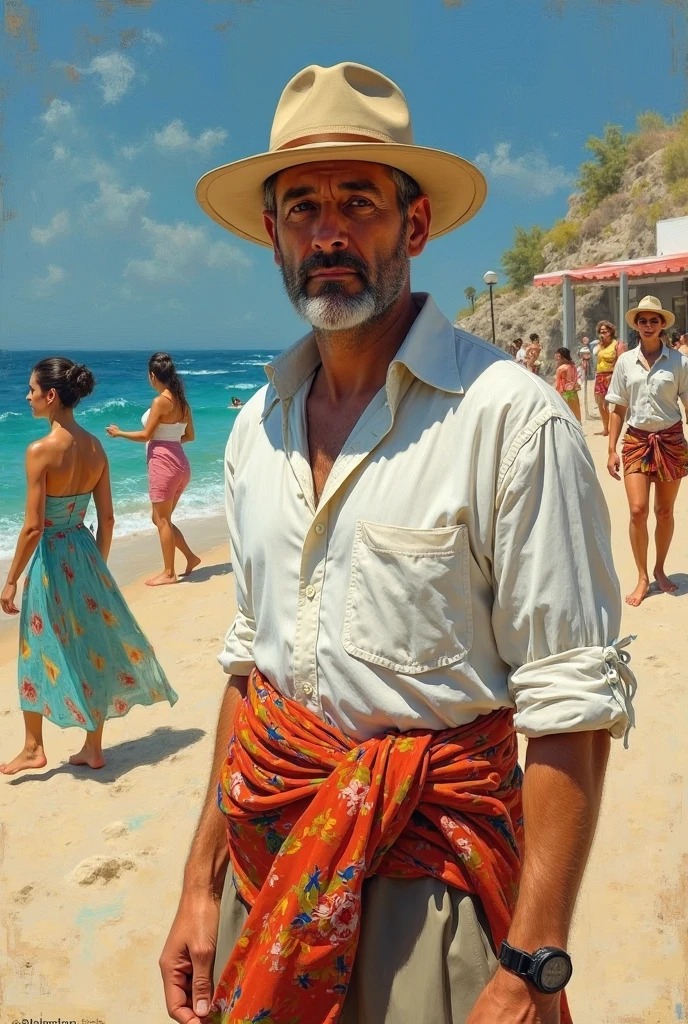 A man in his 40s, half bearded, dark skin already worn out by the sun, white Panama hat with blue band and half-open blue button-down shirt as he stands by the sea smoking a pipe