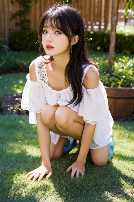 ((Realistic Sunlight, 8k, Top Quality, Masterpiece: 1.3)), Best Quality, Illustration, Ultra-detailed, finely detail, high resolution, 8K Wallpaper, Perfect dynamic composition, ((off-the-shoulder white knitted dress:1.5)), Big breasts:1.6, Natural Color Lip, (in tokyo), (In city),20 years girl, ((Shiny skin:1.3)), (beautiful detailed face and eyes:1.4),(dark brown hair, medium long hair:1.2), Highly detailed face and skin texture, Highly detailed lip texture, Raw Photo, ((Very Delicate and Cute Japanese Girl:1.4)), (1 girl), Perfect Style, earrings, necklace, realistic shadows, ((Show off your Finely designed, luxurious adult small thong:1.2)), ((From below:1.6)),((bokeh)),((Random sexy pose:1.5)),((very sexy sweaty thigh:1.3))