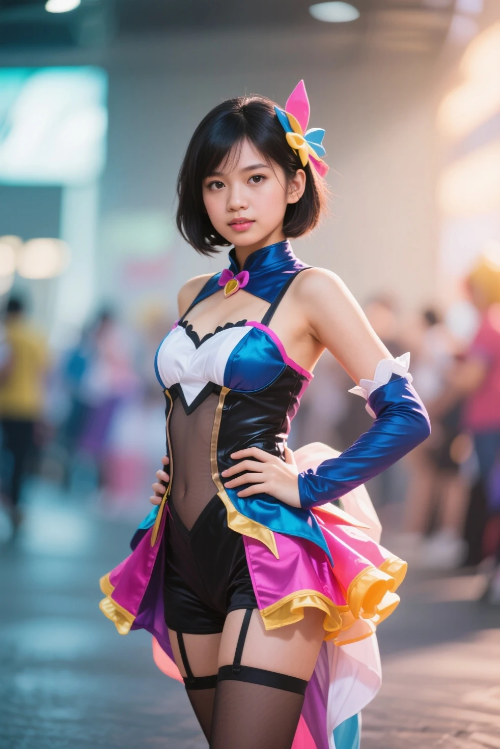 (full body:1.5)，(looking at viewer:1.4)， (Wearing Gilded stockings, high heels, and Nurse Set:1.2), (Dance on top of snowy mountains:1.2),(In pink|amarelo|blue colors|green color|red colour|white colors|black in color|purpleish color|greys|Beige|Flesh color 1.4)，(Accurate and perfect face:1.4),A shallow laugh,,hyper HD, Ray traching, reflective light，structurally correct, Award-Awarded, high detal, lightand shade contrast, Face lighting，cinmatic lighting, tmasterpiece, super detailing, high high quality, high detal, best qualityer, 16k，high contrast,