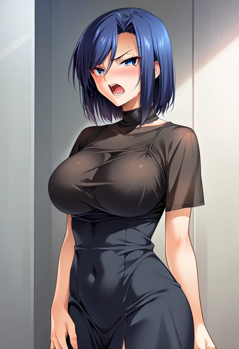 ((masterpiece)), ((Best Quality)), (Ultra-detailed), ((kawaii)), Cute, (lovely), ((sexy)), ((Extremely detailed)), 4K, (8K), Best Quality, (Beautiful), Illustration, anime style, (bold line:1.2), Gradation, a cute girl, 1girl, (solo:1.2), //, (arms behind back:1.3), (posture that makes one's chest tense), //, , (emphasized cleavage), very short skirt, //, large breasts, (Perfect eyes), (Perfect iris), //, (half closed eyes:1.4), (sexual expression:1.2), Fascinated expression, smile, (blush:1.2), //, bob cut hair style, anime-like blue hair color, (beautiful eyes) //, unpopular dim spot at school, corner of an old school building, unused classroom corner