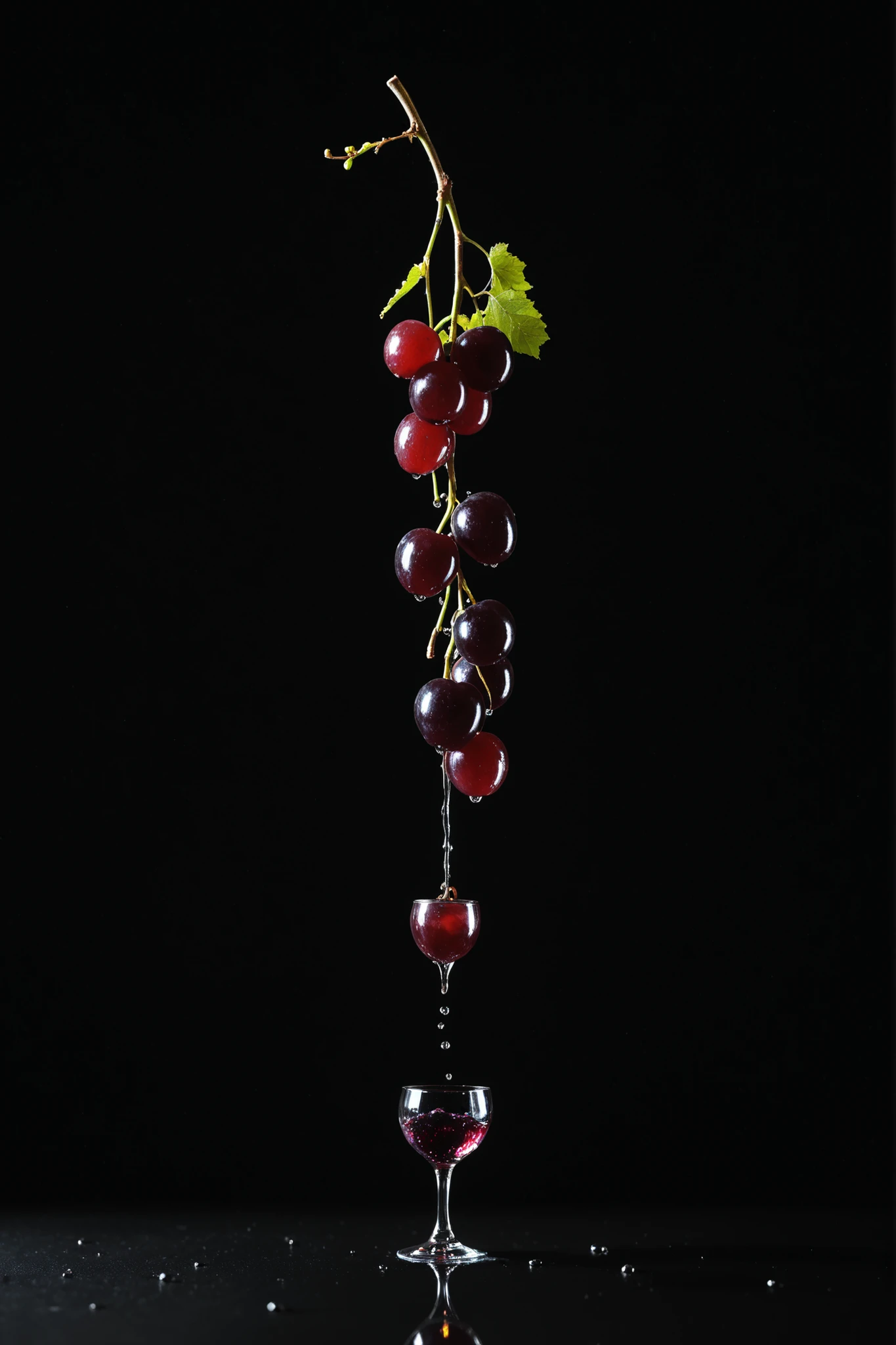 *"Professional food photography of fresh red grapes, ultra-HD 8K, water droplets on glossy skin, dark minimalist background, soft shadows, Sony camera quality, vibrant colors, dew effects, isolated on black, commercial use, no branding, hyper-realistic."*
