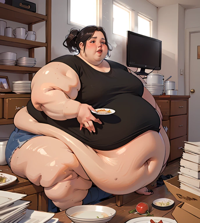 (Masterpiece, detailed, realistic:1.2), young black woman, (morbidly obese, fatblob, immobile:1.4), (detailed, beautiful face), fast food worker, pleased, satisfied