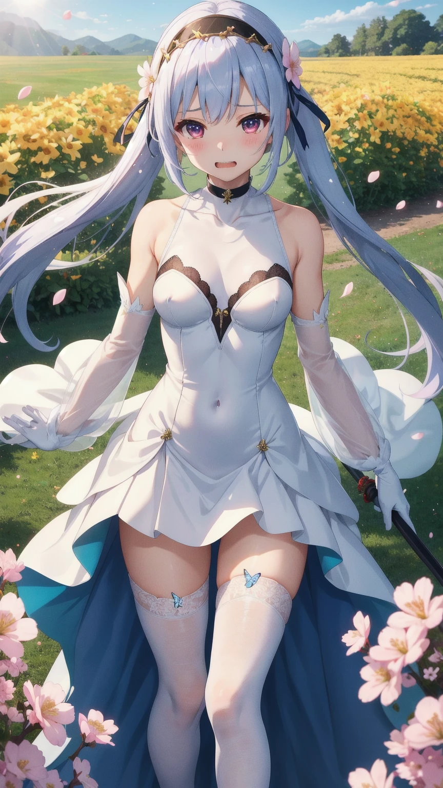 ((masterpiece, best quality)), Detailed face,Maid,Full body painting,Perfect body proportions,Large Breasts,Long legs,dark skin,White hair,Green Eyes,Long wavy hair,beautiful eyes,Fantasy style,extremely beautiful,White background,sun,Holy Light,outdoor,transparent,Sex bikini,Lace,Pantyhose,exposed,Star decoration