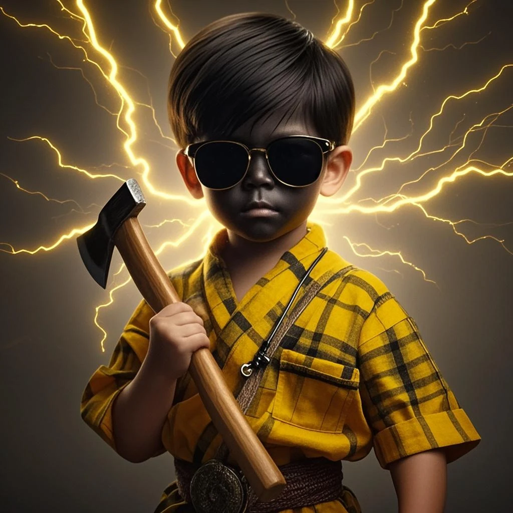 guttonerdvision4, a 3-year-old boy, wearing glasses, wearing the character "Deadpool" full-body outfit, (holding a sword). ((no mask)). The setting is a burning environment with pieces of stone around it and rubble on fire. Realistic scene and (((detailed))), with depth of field to give more realism to the scene.