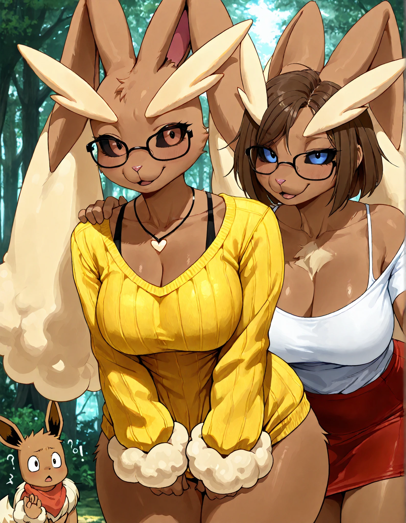 (masterpiece, best quality), hairy:1.3, snout:1.2, The second:1.3, hairy:1.2, amazing quality, very aesthetic, absurd, Highres, new , HDR-10, 8K, cinematic, professional photo, girls, (((Lopunny and Eevee duo:1.25))), pechos grandes, (Small but curvy), glasses, duo, white shirt under the yellow knitted sweater, y red pencil skirt, brown hair and blue eyes, (((seductive expression))), (((neckline))), Awestruck, forest house environment, detailed background, subsurface dispersion, translucent, brilliant, SSS, of the highest quality, atmospheric haze , Illusp0s , (super quality:1.2), very excited