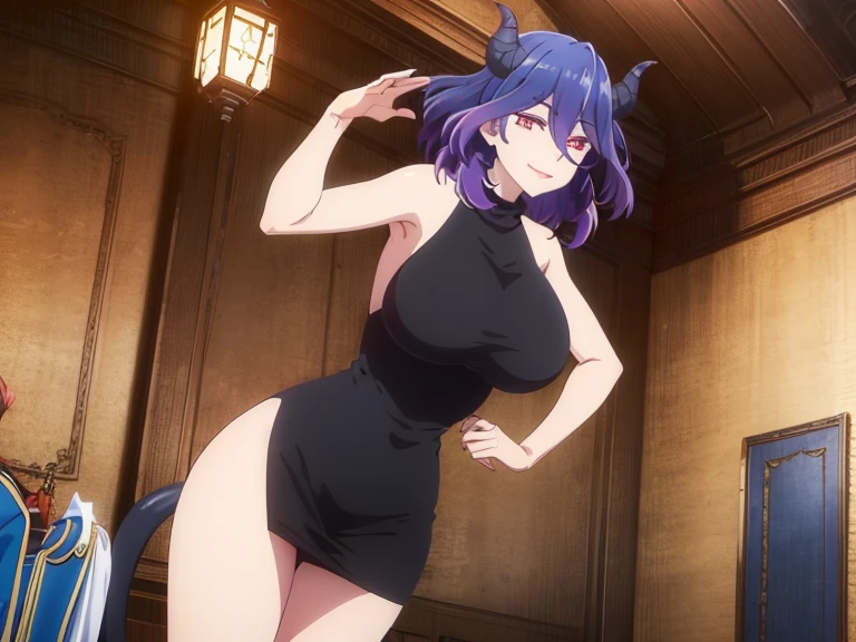 ((1girl)),((alone)),vermeil_ingold,\( kinsou no vermeil\),(masterpiece), (best quality), (ultra detailed), (best illustration), (best shadow), (absurdities) , sharp focus, cowboy shot, atmospheric perspective, depth of field, dynamic posture, ((looking at viewer)), large breasts, narrow waist, wide hips, wide thighs, round butt, erotic, romantic, (highly detailed eyes, lips 1.1), highly detailed eyes, eyes, Highly detailed face, Very pretty face, Symmetrical face, Aesthetic face, perfect face, perfect eyes, detailed eyelashes: 1.5), full height, beautiful slim figure, femininity, expressive appearance, elastic big breasts, sexuality, parted lips, (red eyes), blue hair, purple hair, hair between eyes, short hair, demon girl, demon horns, demon tail, thin tail, pointed ears, (curvy body), dress , short dress, black dress, sleeveless, sleeveless dress, off shoulder, high neck dress, hair ornament, curves, defined body, perfect and beautiful body, perfect and beautiful, closed mouth, ((evil smile)) , (smug), flirtatious expression, ( sexy pose: 1.2), ((solo:1.4)), standing: 1.3, ((interior, medieval room, bedroom, bed, dressing table, night, medieval landscape, night, castle, city lights medieval)), Looking back, from behind, ((focus on ass:1.4)), point of view: (from below), perfect anatomy, perfect hands