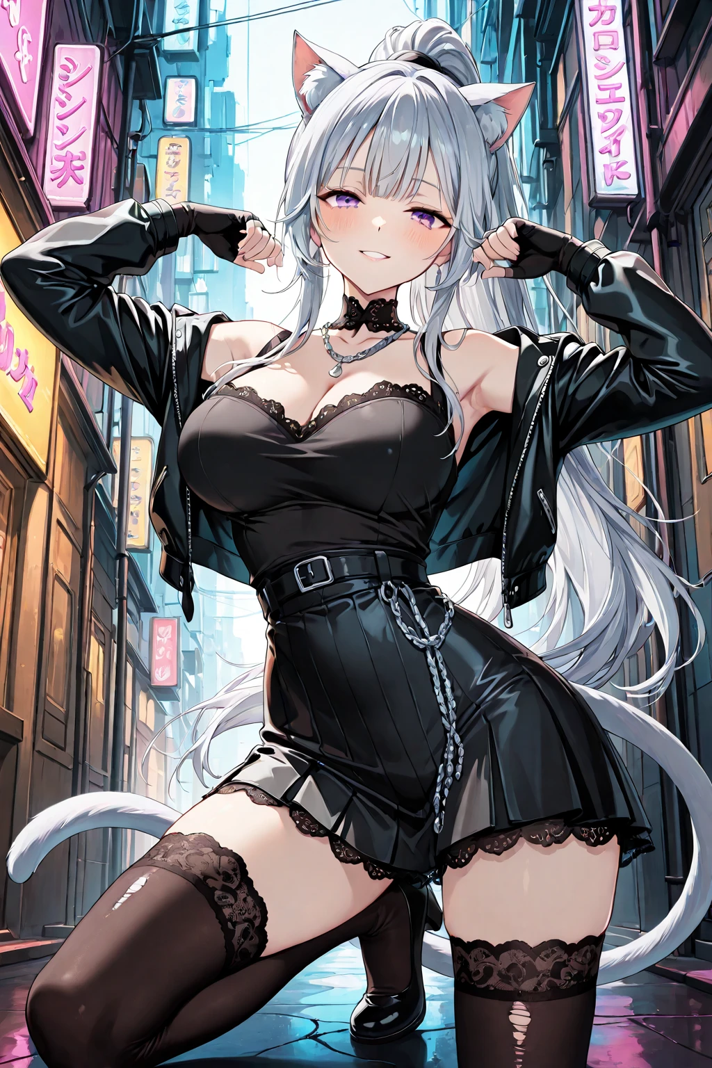 masutepiece, Best Quality, Colorful, Ray tracing, Perfect Lighting, Very detailed 8k wallpaper, Detailed background, High resolution, Solo, 1girl in, Full body, Description Girl, detail hands, Detail fingers, Detail Face, Cute face, detail legs, overdetailed art, Fine details,Huge breasts, Huge ass, steam, (Sweat), White hair, Straight hair, pale skin, Purple Eye Shadow, pale purple eyes, Red lips, (costume), (cheetah print), jacket over clothes, In town, Large crowds, grinning evily,