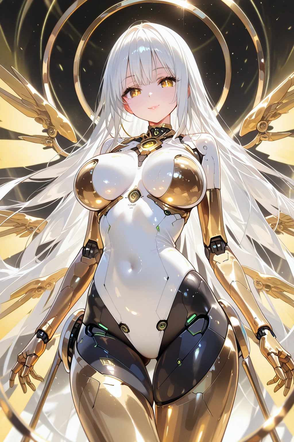 Golden lomg hair girl golden eyes golden bunny ears golden bunny tail wearing golden bunny girl outfit with silver very tight baby diaper