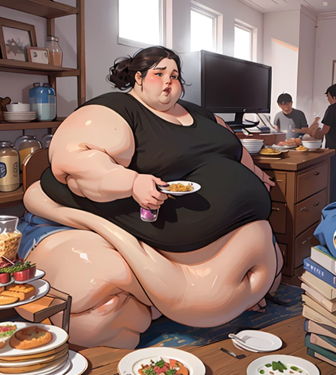 (masterpiece, best quality, highres:1.3), 2girls, (realistic:1.2), anne hathaway, (USSBBW:1.2), (morbidly obese:1.2), (fatblob:1.2), (detailed, beautiful face:1.2), (immobile:1.2), force feeding, eating, stuffing, surrounded by food, full body shot