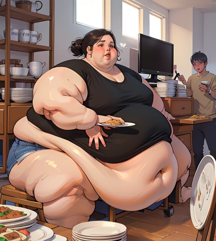 (masterpiece, best quality, highres, detailed, realistic:1.2), asian babe, USSBBW, (morbidly obese:1.3), (fatblob:1.3), (immobile:1.2), gigantic belly, detailed face, beautiful face, birthday party, eating cake, birthday cake, messy, slob, hair braids, happy, excited, surrounded by concerned friends, high aesthetic, panties,