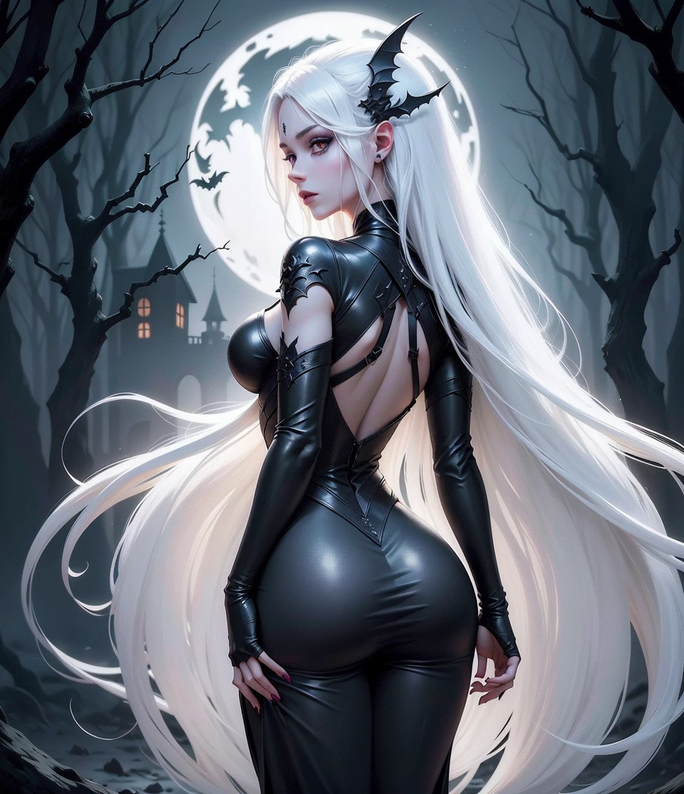 ultra realistic 8k cg, masterpiece, ((ultra detailed background, delicate pattern, intricate detail)), (highly detailed, fine detailest quality, 1girl, (photorealistic:1.4),beautiful lighting, absurdres, RAW photo, film grain, ((medium breasts, slim girl)), 1girl, MeiMei, solo, black eyes, looking back, long hair, braid, dress, (black dress, turtleneck, long sleeves, puffy sleeves, juliet sleeves), hair over one eye, smile, braided bangs, braided ponytail, white hair, holding, makeup, grey hair, red lips, one eye covered, lipstick, parted lips, (complex detailed background, outside, environment, cowboy shot, from behind)