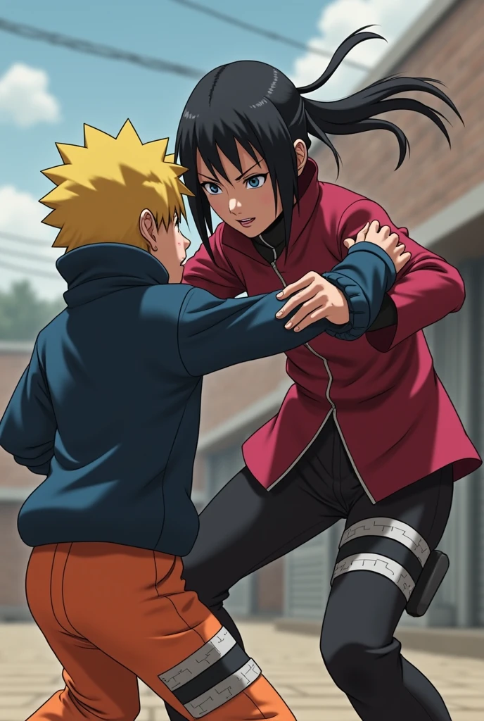 Naruto girl child, with bandana x Sasuke criança lutando, with bandana, female version, long hair, punching and kicking combat, Disney pixar style.