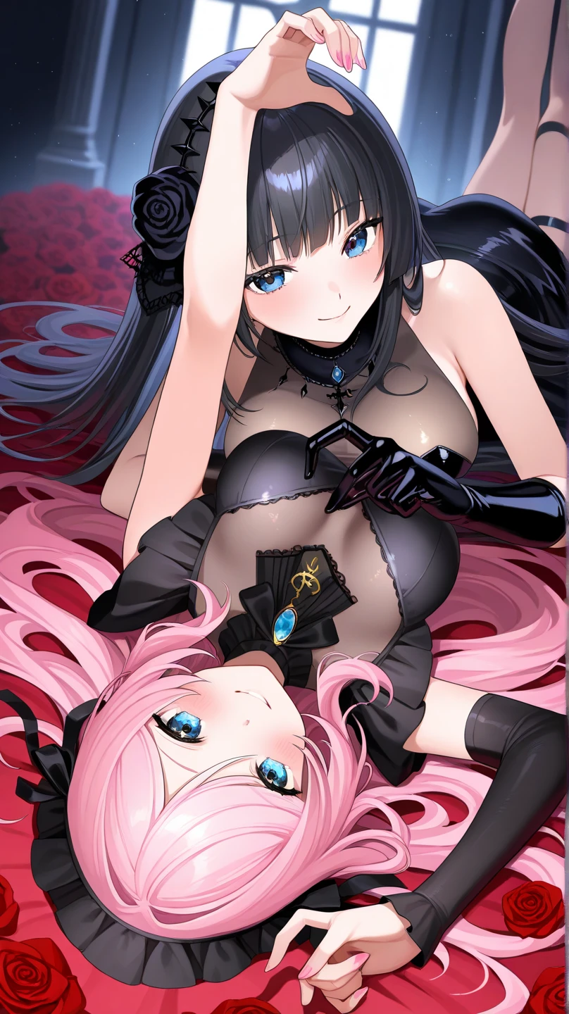 (((2 girls))), short hair, (tentacle sex), (big breasts), kneeling, portrait from above, many tentacles, hands in panties, perfect bodies, (attacked by tentacles), sexy black underwear, high heels leather boots, black silk bra, shy, (blue tentacles around), high contrast light on body, face in shadow, perfect composition, highly detailed, camera angle from above
