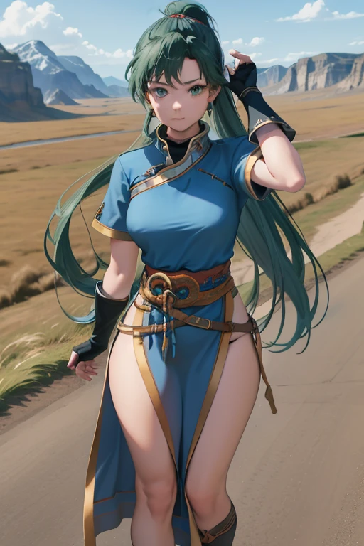 masterpiece, best quality, defaultLyn, blue dress, pelvic curtain, sash, fingerless gloves, standing, looking at viewer, stream, plains, mountains, (from behind), smile, serene expression  