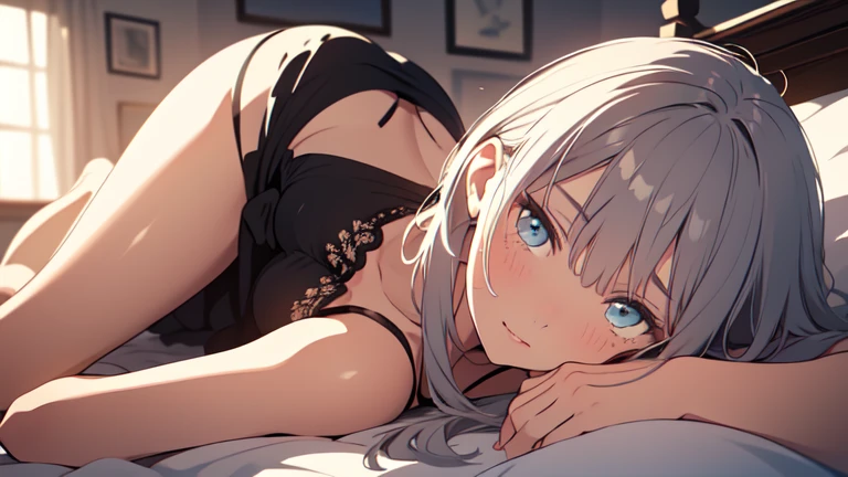 Head on the left side. Night. Late at night. Dark. Cute pajamas. Bed. Lying down. Before bed. In a room. Clear face. Beautiful face. High quality. 8K highest quality. Top quality. Masterpiece. Realistic background. Beautiful eyes. Beautiful body. Beautiful face. Accurate body. Beautiful hair. Beautiful background. Beautiful. Beautiful hands. Accurate hands. Cute. Sexy body. Sexy. From the front. Big breasts. Older woman. Excited. Blushing.