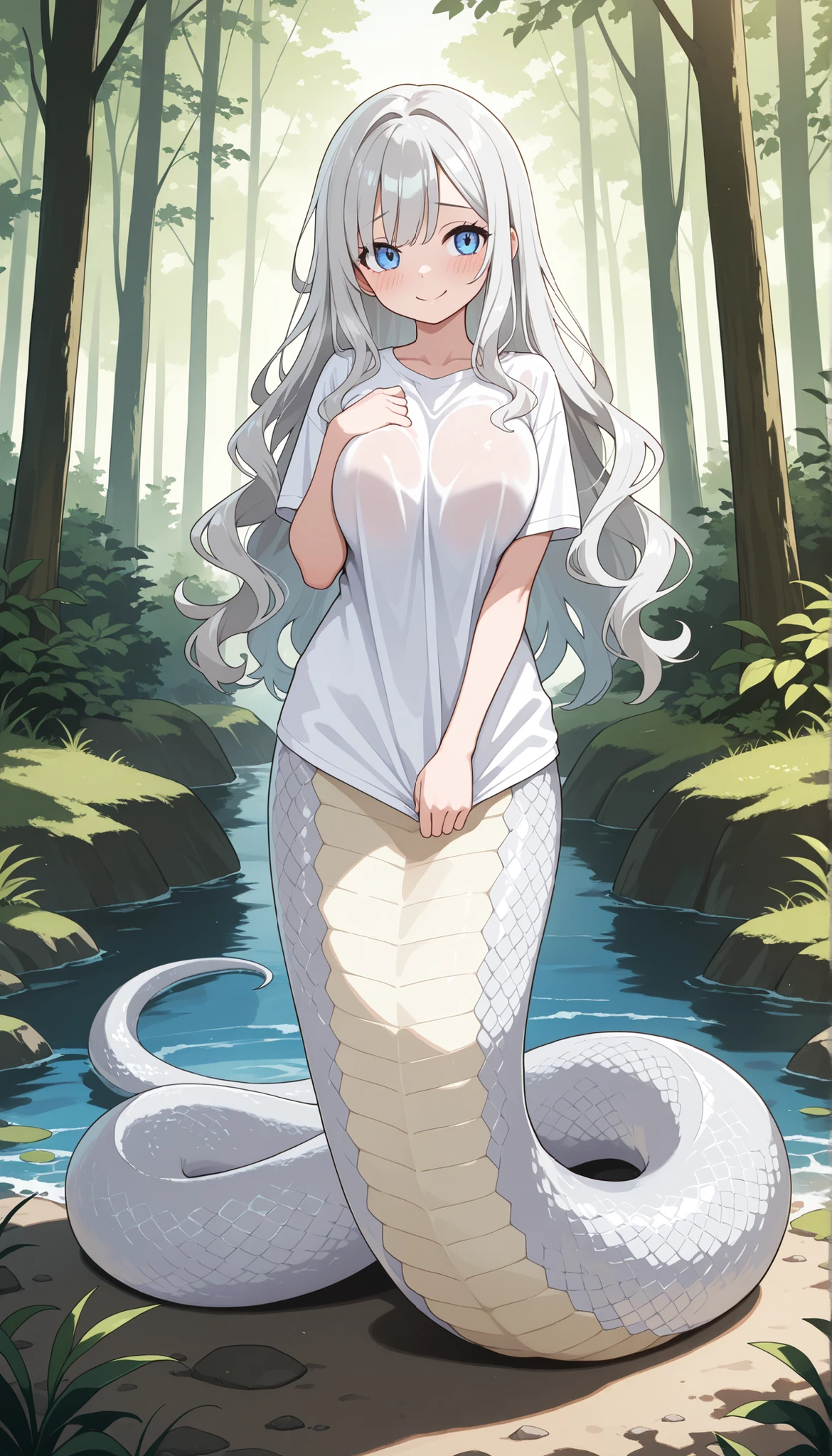 score_9, score_8_up, score_7_up, score_6_up, score_5_up, score_4_up, rating_explicit, source_furry, female, cute anthro female, cute face, detailed background, looking at viewer, solo, solo focus, (digital pen line-art, soft lines, soft shading, pinup, cartoon, anime:1.2), tkraine, yellow eyes, silver hair, white fur, anthro, lamia