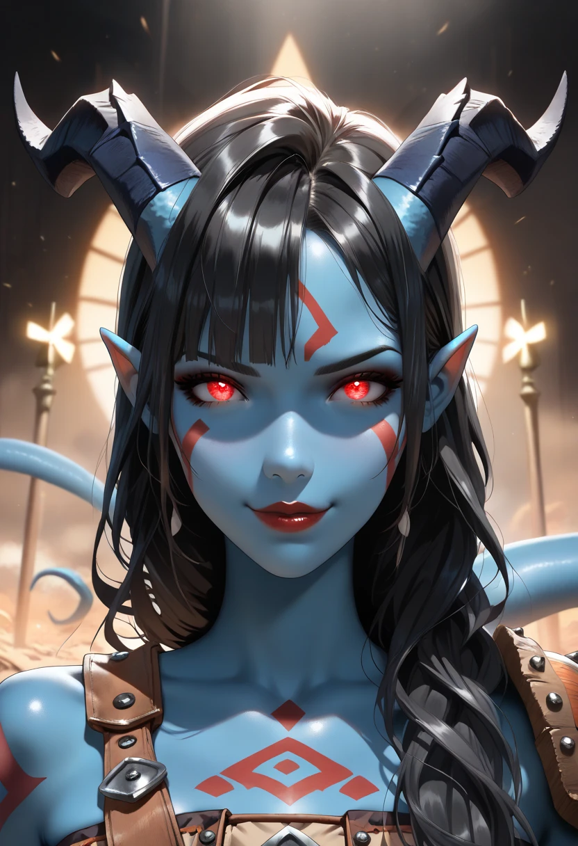 Humanoid creature, blue skin, yellow eyes, long horns, sharp teeth, smiling, holding a red crystal