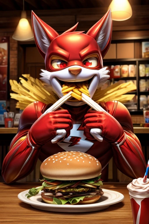 4k, high resolution, best quality, masterpiece, perfect colors, perfect shadows, beautiful and detailed portrait of a (((feminine))), perfect lighting, posted on e621, (by Chunie, by Einshelm), furry, anthro, furry art, ((portrait)), Female fox, red fox, (two-toned fur), furry body black legs from foot to knee,fluffy, fluffy tail, body fur, animal nose,chin fluff, muzzle, Mane,Big fluffy chest tuft, big fluffy neck tuft,fluffy neck, fluffy chest, Lots of fluff, Beautiful brown eyes, fit body, perfect masculine body, detailed fur, detailed face, ((Bonifasko lighting)), fox tail, (detailed eyes), perfect pupils, Tall, Long brown hair, messy long hair, Wide hips, big legs, B cup breasts, Fluffy neck, Huge Fox tail, wearing clothes, Arms white, ((????????? slip)), ((????????? overfloenitalia outline on clothing, erection,(Very big bulge),male genitalia, Working in mac donads, mac donalds employee, Mac donalds restaurant background, Restaurant kitchen background, Macdonalds outfit, macdonalds employee outfit, Pants, Wearing pants