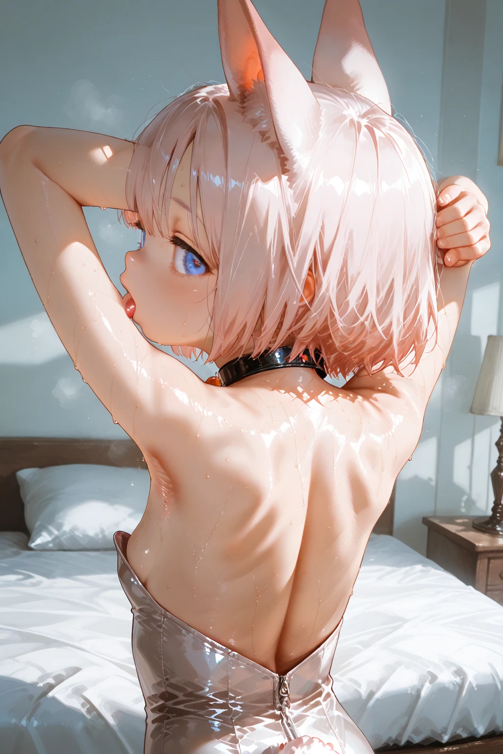 (best quality,4k,8k,highres,masterpiece:1.2),ultra-detailed,(realistic,photorealistic,photo-realistic:1.37),1girl,,small breasts,small butt,short stature,on knees,looking up,dick in mouth,bedroom,nude,pink hair,childlike face,semen on face