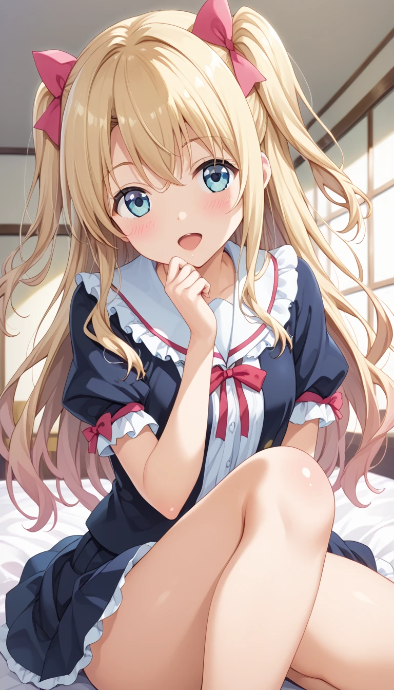One person!!、Baby Face、((Ahegao))、Lori、human、6 year old girl、Long Hair、Blonde!、With bangs、small、1st grade elementary school students、Big eyes、barefoot、black eye、cute、Are thin、凄くsmall胸、身長のsmall、体のsmall、Short legs、On all fours、pajamas、Night view、Bedroom、bed、Bare Skin、Show your face、((Lying down))、Get closer to the camera、(Bottom view:1.6)、
