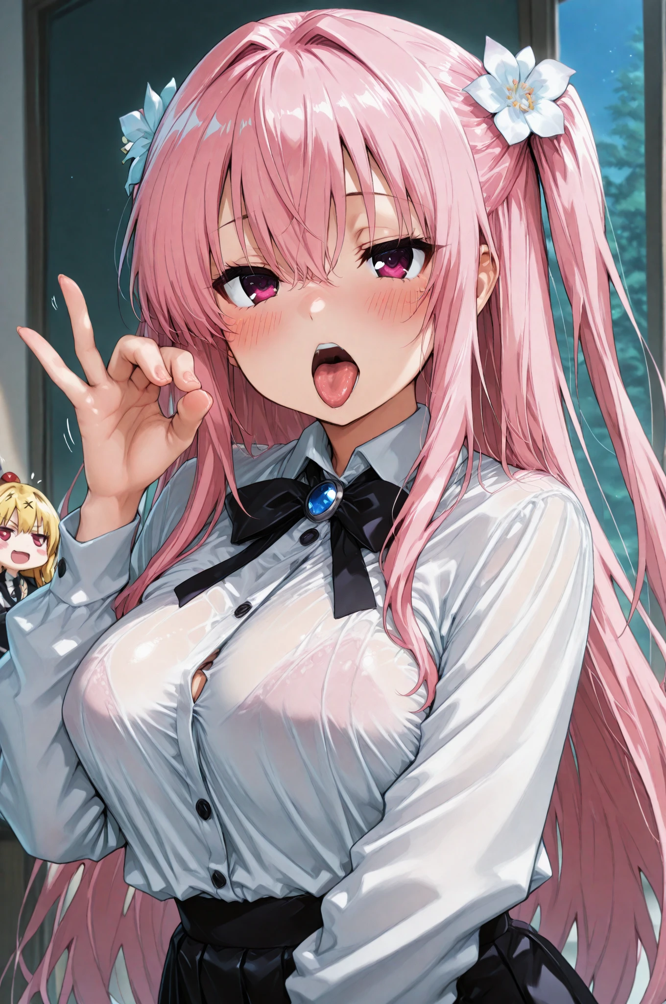 (high resolution, Practical, 4K, Extremely detailed, masterpiece:1.2),1 hermaphrodite girl, , Unisex, Shiny purple eyes, Pink medium-length hair, student, student uniform, Charming and beautiful , Close your eyes ,Place your hands on your chest