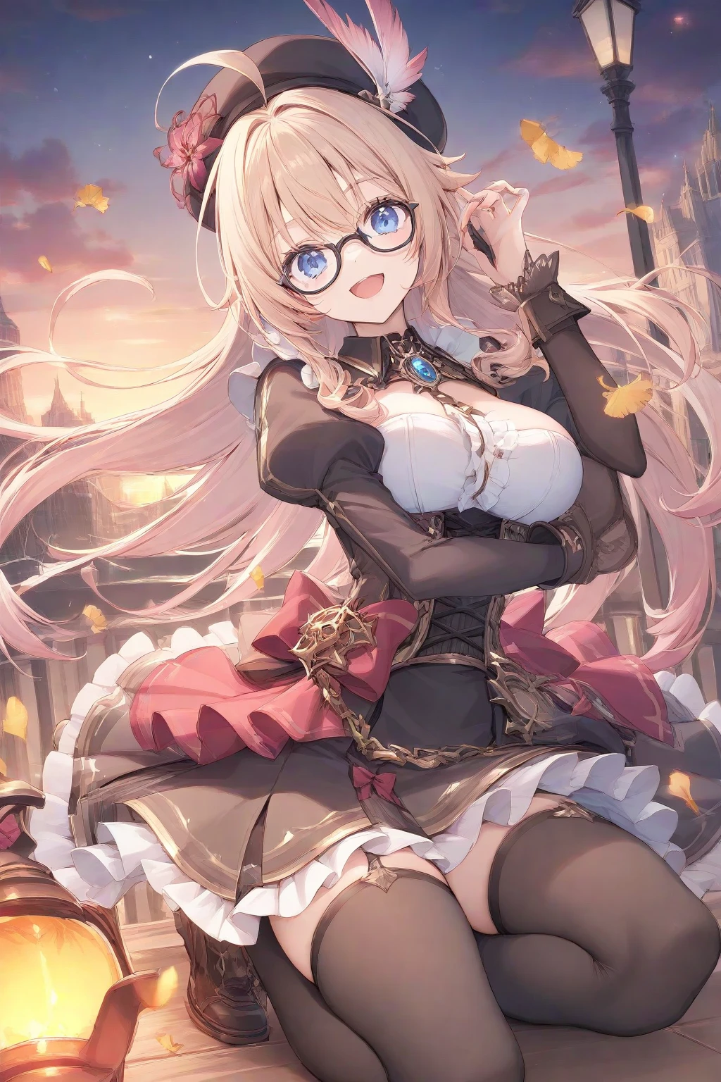 masterpiece, detailed, high quality, absurdres, aiaamare, 1girl, solo, glasses, blush, single braid, medium breasts, curvy, wide hips, groin, beret, bow, bowtie, highleg leotard, thighhighs, garter straps, garter belt, armband, finger to mouth, leaning back,