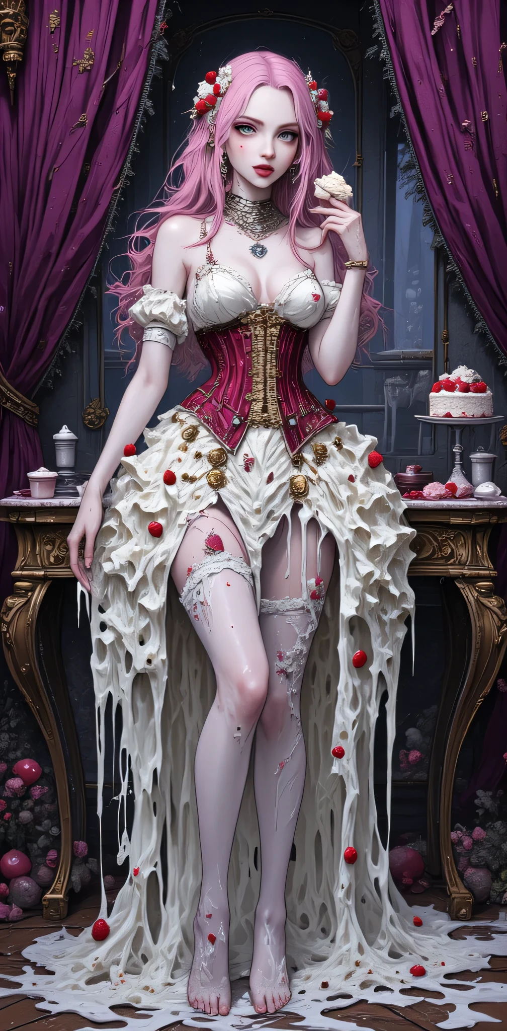 kiri, in the style of anthr0dnd, exquisite digital illustration, fantasy, (masterpiece), (best quality), (ultra-realistic anime style), (highly detailed), vertical crop from knees to head, standing pose, facing forward with slight hip twist to emphasize curvy silhouette and lifted hips, flawless pale skin, glowing emerald green eyes, bold gothic makeup with silver eyeshadow and plum lipstick, long straight pink hair
-- wearing a surreal, fantasy-style dress entirely made of melting whipped cream, rich in texture and shine, with thick creamy folds flowing downward like icing, forming a voluminous skirt that fully covers her pelvic area. The cream appears to slowly drip and swirl, with realistic soft gloss and shadows, giving the impression of a dress formed from dessert. Embedded fresh strawberries decorate the cream naturally, placed along the skirt and bodice like edible jewels
-- a fitted gothic corset layered over the cream, deep crimson with ornate gold buckles and faint embossed patterns, cinching her waist. The corset is partially smudged with whipped cream from her messy hands and mouth
-- holding a slice of strawberry cake covered in chantilly, lips and fingers messily coated, licking a bit off with a playful, seductive expression
-- set in a dark gothic bedroom with ambient purple and violet lighting, floating magical particles, antique furniture, heavy velvet curtains, soft cinematic shadows enhancing her curves and the creamy textures of the dress