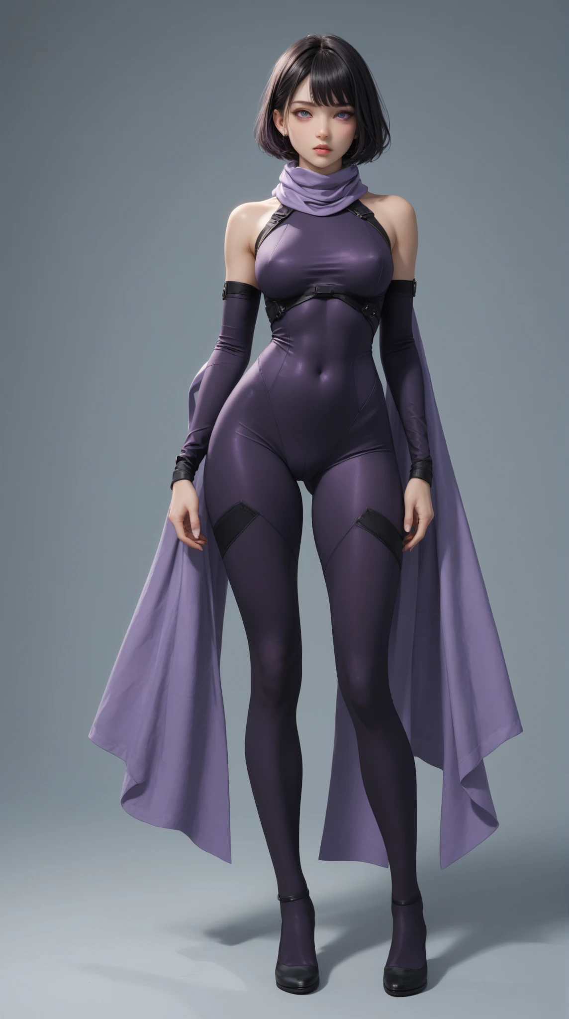 (Jill Valentine), from Resident Evil 5, long straight platinum-blonde hair, (purple spandex leotard:1.3), (brown pantyhose legs:1.2), low wedge heel booties, (huge breasts:1.2), (small hips), small butt, exposed cleavage, thin, skinny, fit, short, athletic, emphasis on her legs and feet, highly detailed face, dark eye makeup, beautiful girl, highly attractive, highly detailed skin, full body view, I can see head to toe, photorealistic, masterpiece, intricate details, HDR, 8k, backdrop of ancient ruins