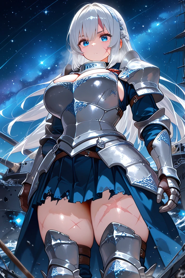 armor, leotard, shoulder armor, cleavage cutout, leotard, breastplate, gauntlet, thig high boots, detachable collar, large breasts, cleavage, long hair, white hair, red eyes, beautiful, horn on side head, masterpiece, masterwork, super fine illustration, ultra detailed, cg unity 8k wallpaper, perfect eyes, ultra detailed beautiful face, smile, ultra high res, absurdres,