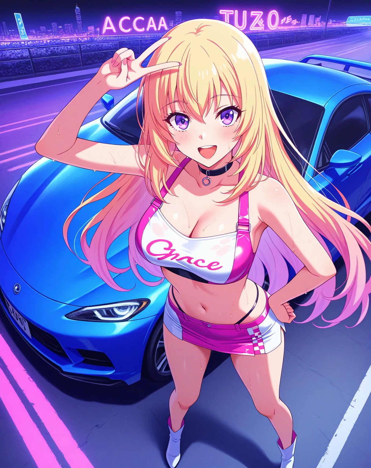 score_9,score_8_superior,score_7_superior,score_6_superior,score_5_superior,score_4_superior 、8k,Very naughty,Young girl in Japan,Anime heroine、Troubled face、Aviator Sunglasses、Cute Breasts、Golden hair color、Long Hair、Pink eyes、Heavy bangs、Pink camouflage camisole、Leather gloves、Cleavage Emphasis,(Exact Volkswagen)、Night in the City、Tight Skirt、superiorから、Face close-up