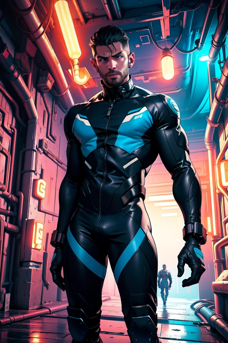 masterpiece, best quality, 1 male, adult, handsome, tall muscular guy, broad shoulders, finely detailed eyes and detailed face, extremely detailed CG unity 8k wallpaper, intricate details, Cyberpunk, motorcycle, goggles, holographic, black jacket, intense run, speed, night city, neon sign, skyscraper, depth of field