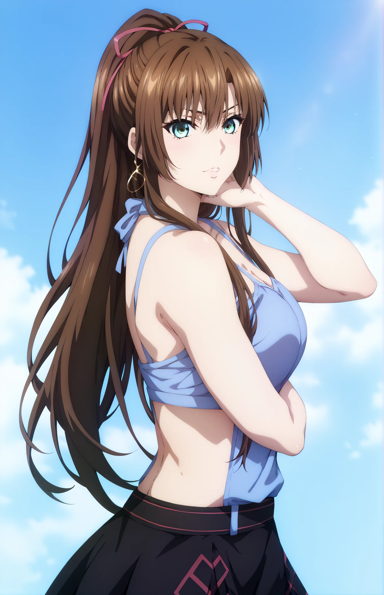 masutepiece,Best Quality,High resolution,Fine details,独奏,Adult Woman,blush,Curve,((Delicate white underwear)),(On a luxury hotel bed),sexy hips、Long Wave Hair、dark brown hair、Stretch the hem of the buttocks with a slouch、Mid-chest、blue eyeasterpiece、Highest quality, High resolution, uhd, Pixel perfect, Depth of written boundary, 4K, RTX, HDR)), 1 Girl, single, alone, 24-years-old, Beautiful Anime Girls, Beautiful art style, anime character, ((Parted bangs, Brown Hair)), (blue eyes、Round eyes, Beautiful eyelashes, Realistic eyes), (Detailed face:1.2), (Smooth texture:0.75, Realistic texture:0.65, Realistic:1.2, Cinematic, Anime CG Style), Perfect body, Best Bust、Bust 85、Perfect Body、nsfw:1.8,Visible from the thighs、Night Background、Beautiful white panties、Bamboo、wind chimes、Put your hands on the window、milky way、Seen from behind、Bra shoulder straps