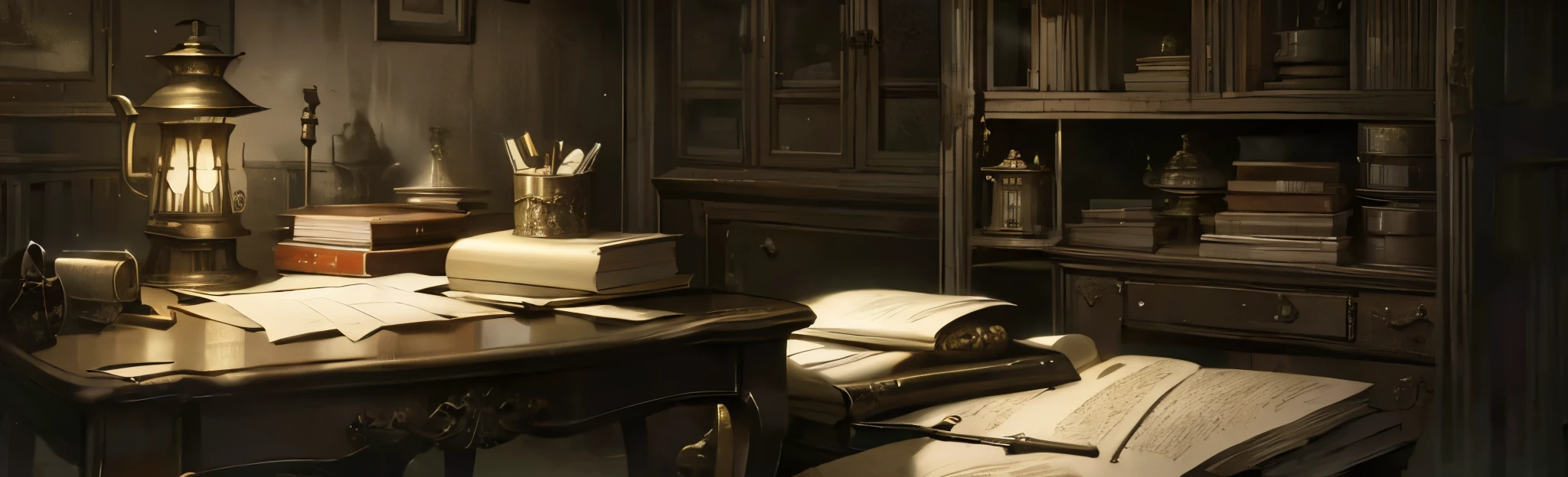 Victorian, ink, pen, desk, papers, books , letters, 1800s, dark, oil lamp, poverty, poor, small gloomy sky