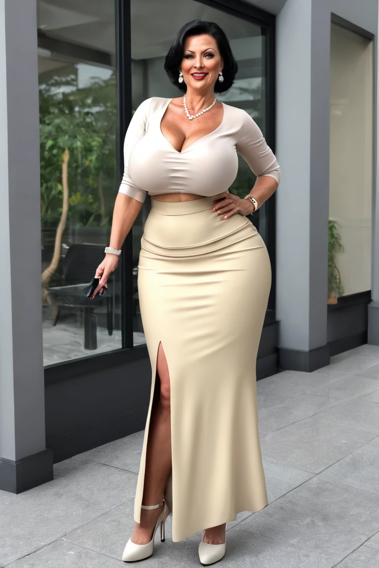 最high quality, 8K, lively, sharp focus, high quality, High resolution, middle-aged women, mature woman, 55 years old, (Full body Esbian), (Detailed face wearing high heels, highly detailed eyes, thick lips, plump body shape、plump face、(((big breasts 2.3)))、(((On a white blouse)))、Beige tight skirt、Love hotel room、random hairstyle、gentle smile


