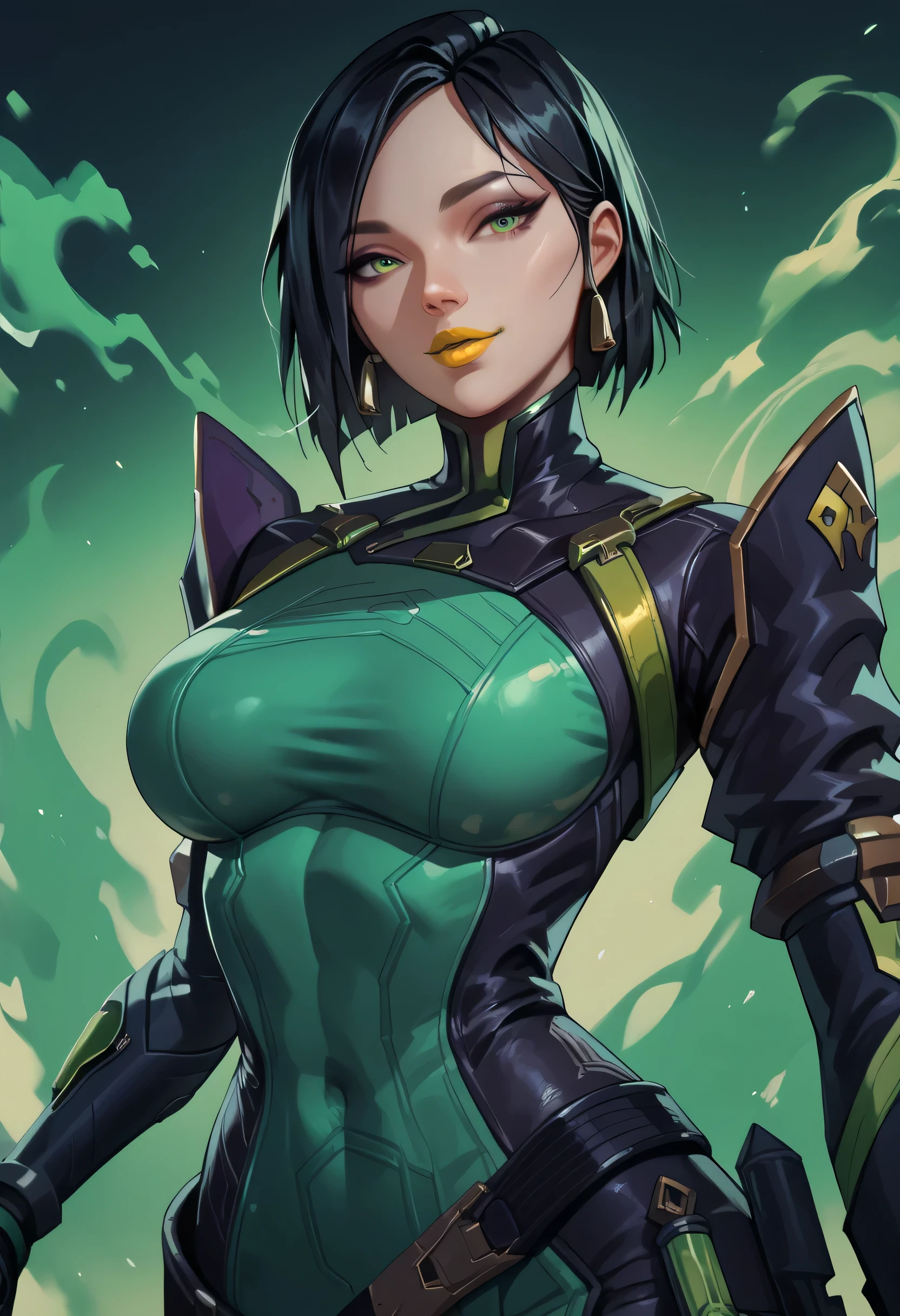 woman, big breasts, anime style, yellow lipstick, black hair, short hair, laboratory, white skin, green eyes, thin waist, technological suit, green smoke, dark environment, focus on the character, looking at the viewer, sensual smile, Viper (Valorant)