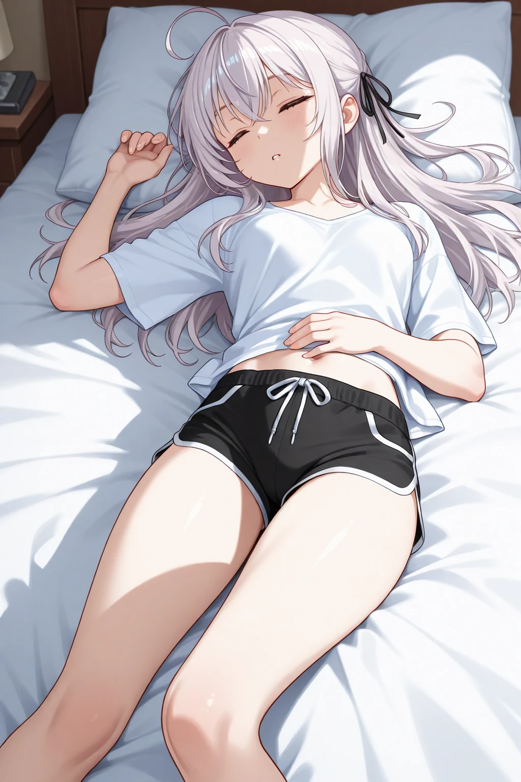 1girl, chloe, dark_skin, long_hair, pink_hair, yellow_eyes, hair_between_eyes, bangs, harf_updo, one_side_up, from behind, on stomach, lying, all fours, (9years old, short stature, Short arms, Short legs), perfect anatomy, bloomers, (navy blue buruma), gym clothes, white shirt, (big ass), gigantic breasts, naughty smile, embarrassed look, bed, anime, anime screencap,