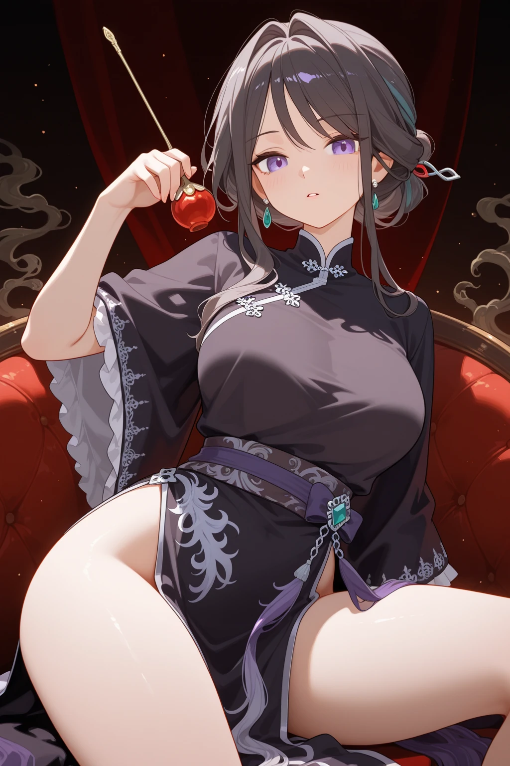 girl, Wearing purple and black robes, Located in a Chinese-style building