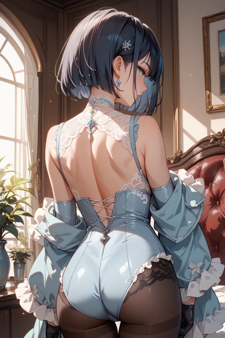 top-quality、Top image quality、masterpiece、girl with((cute little、18year old、Best Bust、Medium bust、Bust 85,Beautiful blue eyes、Breasts wide open,Ponytail with black hair、A slender、Blue hair mesh、Beautiful white maid clothes、White short skirt、Laugh、posterior view、lean against the wall、emphasis on the buttocks、Opening the curtains))hiquality、Beautiful Art、Background with((Large White Room、White lighting,White curtains are fluttering)),masutepiece、Elaborate design、visualart、depth of fields、The best lighting、highestdetailed、8k