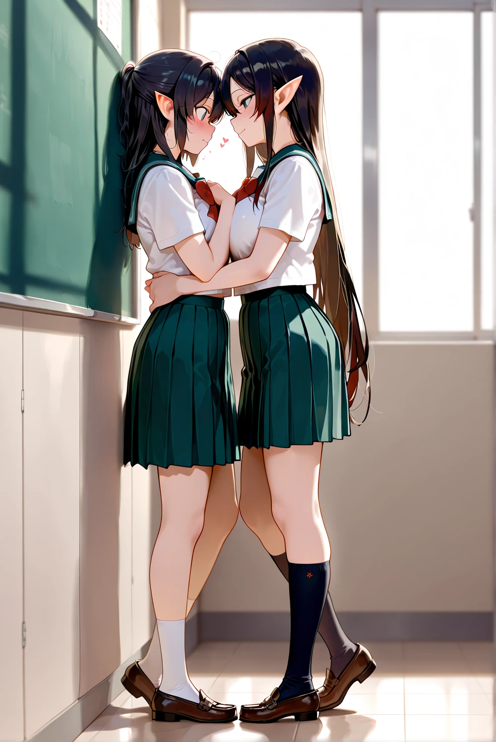 ((Masterpiece, highres)), 2girls, duo, twins, ((one brown haired girl, one blonde girl)), long hair, curly hair, matching hairstyles, different hair color, confident, elegant, rich girls, emotionless, arms at sides, straight backs, (((matching outfits, identical outfits, pink school uniforms, sexy school uniforms, white thighhighs, long white socks, black high heels))), standing at attention, shoulder to shoulder, same pose, mansion